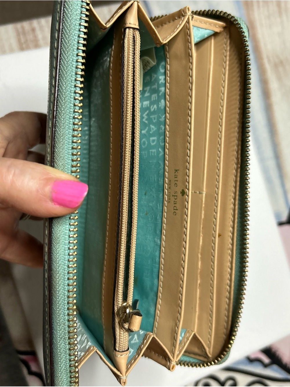 kate spade Mint Zip-Around Card Holder Wallet with Gold Logo